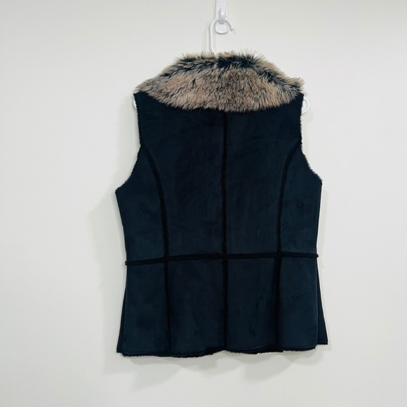 Jessica Womens Faux Suede Vest Faux Fur Collar Black Medium Two Button Front - Picture 5 of 8